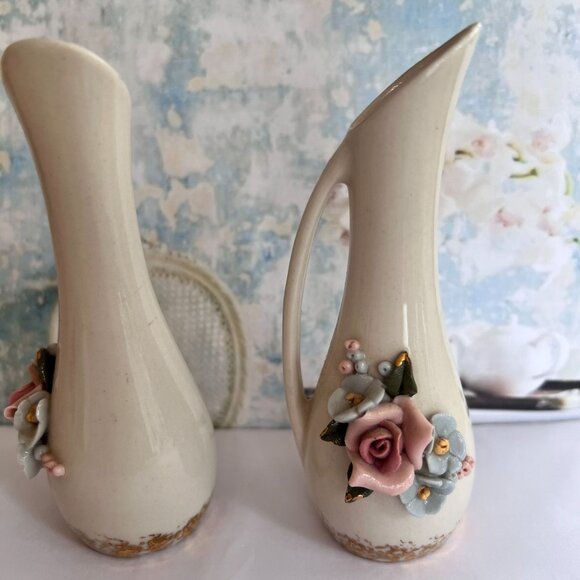 Vintage Ceramic Pitchers Capodimonte Style Floral Relief Gold Accents Set Of 2 - Picture 2 of 7